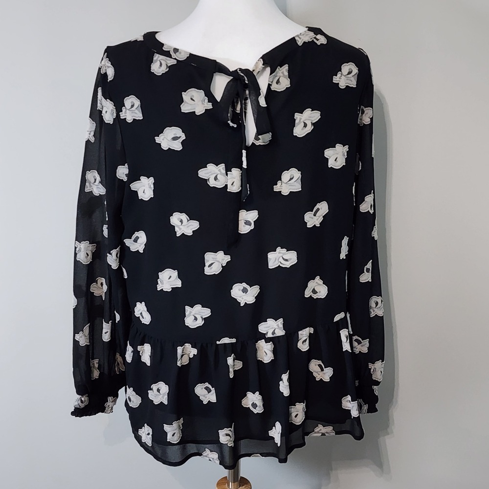 Loft‎ Floral Peplum Blouse Womens Medium Petite MP Black Sheer Layer Long Sleeve - Picture 4 of 15